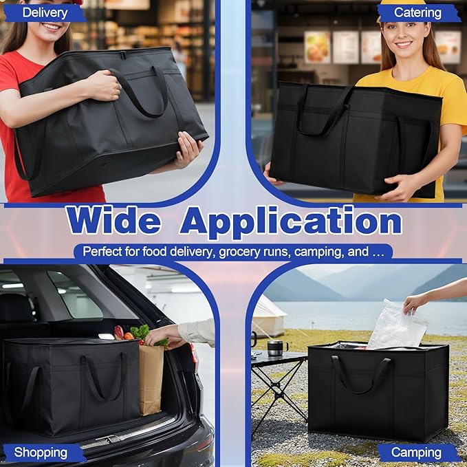 3 Pack Large Insulated Food Delivery Bag with hard bottom XXXL Large Reusable Thermal Cooler Grocery Tote Bag Thermal Cold/Hot Styrofoam Carrier for Shopping/Travel, Black
