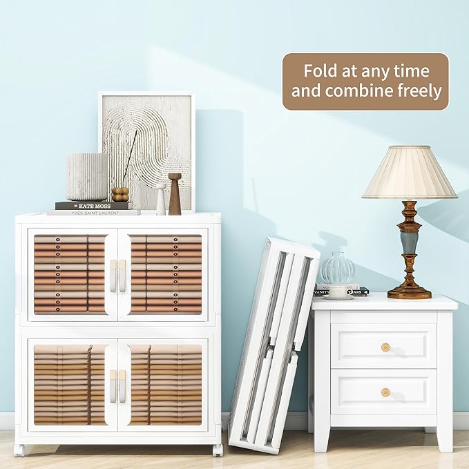 Large Clear Stackable Storage Bins with Lids, 314QT-157QT*2Tier Foldable Cabinet for Closet Organizers, Plastic Storage Box with Wheels White