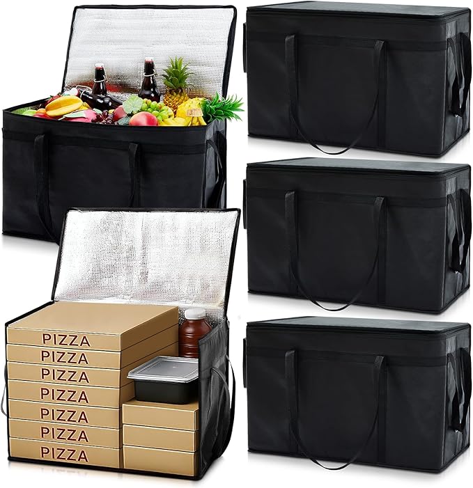 Maxcheck 6 Pcs Insulated Bags for Food Delivery XXXL Large Capacity Hot Grocery Tote Bag Reusable Warming Pizza Catering Carrier for Commercial Travel Lunch Shopping Gifts (Black)