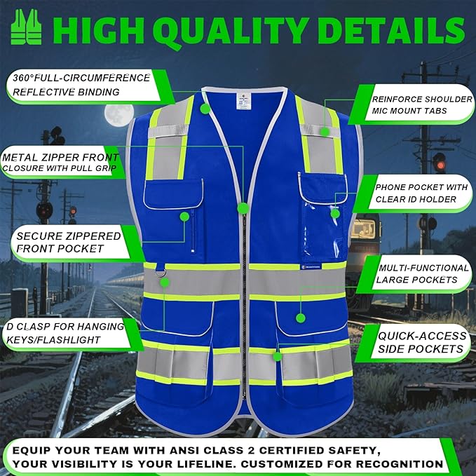 BeautyWill Custom Logo 10 Pockets Safety Vest Class2 ANSI Certified High Visibility Reflective Vest