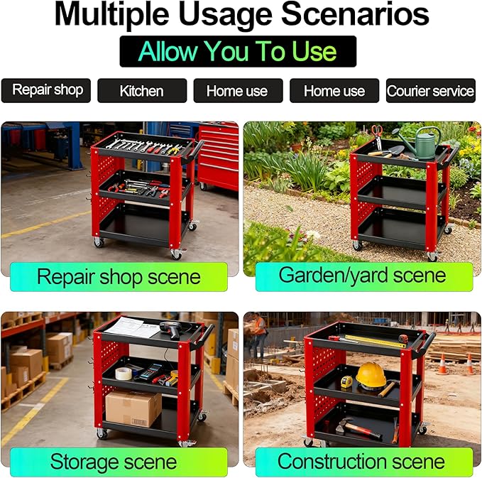 3 Tier Rolling Tool Cart, Mechanic Tool Cart on Wheels, Mechanic Storage Organizer, Utility Cart with Pegboard and Hook for Garage, Workshop, Warehouse（Red & Black）