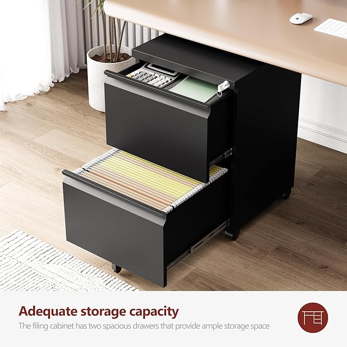 2 Drawer File Cabinet，Mobile Filing Cabinet with Lock and Wheels，Fully Assembled Metal Under Desk File Cabinets for A4/Letter/Legal Size（Black