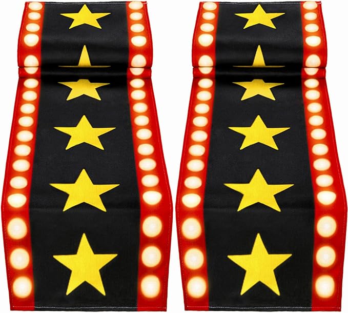 2 Pcs 13 x 72 Inch Movie Night Table Runner with Gold Star Design - Movie Night Black Carpet Decoration for Birthday Party Supplies （Black）