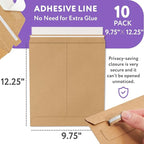 Natural Kraft Rigid Mailers, 9.75 x 12.25 Inches. Pack of 10 Paperboard Envelopes. Sturdy Stay Flat Mailers with Self-Seal Closure. Recyclable Hard Envelopes for Mailing. Stayflat Mailer
