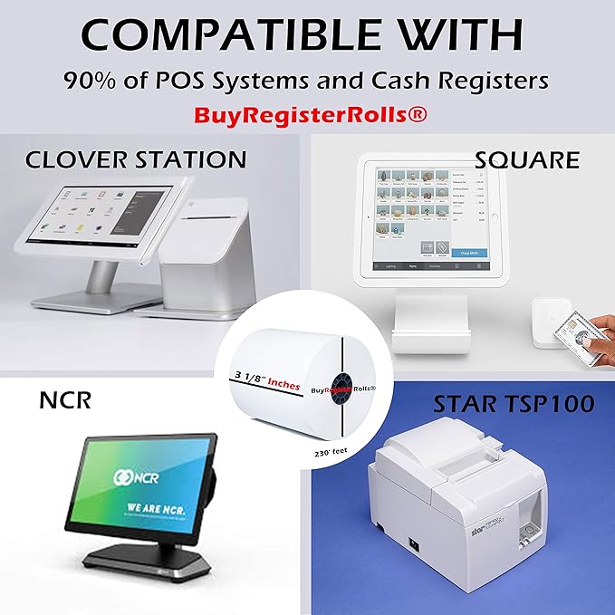 (10 Rolls) 3 1/8 x 230 Thermal Paper Receipt Rolls (55 GSM - 80mm x 70m) Fits All POS Cash Registers TM-T88III, TM-T88IV, TM-T88V, TSP100, CT-S300, CT-S2000, BPA Free from BuyRegisterRolls