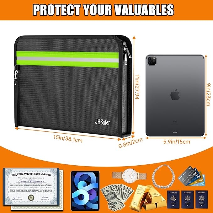 6400℉ Fireproof Document Bag,15” X 11” Waterproof Fireproof Money Bag with Zipper,12 Layers Insulated Fireproof Safe Bag with Reflective Strip for Documents,Passports,Cash,Valuables（6400℉）