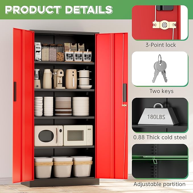 INTERGREAT Metal Storage Cabinet with Lock, 61" H Metal Cabinets Storage with 2 Doors and 4 Adjustable Shelves, Locking Garage Cabinet for Home Office, Kitchen, Bathroom (Black Red)