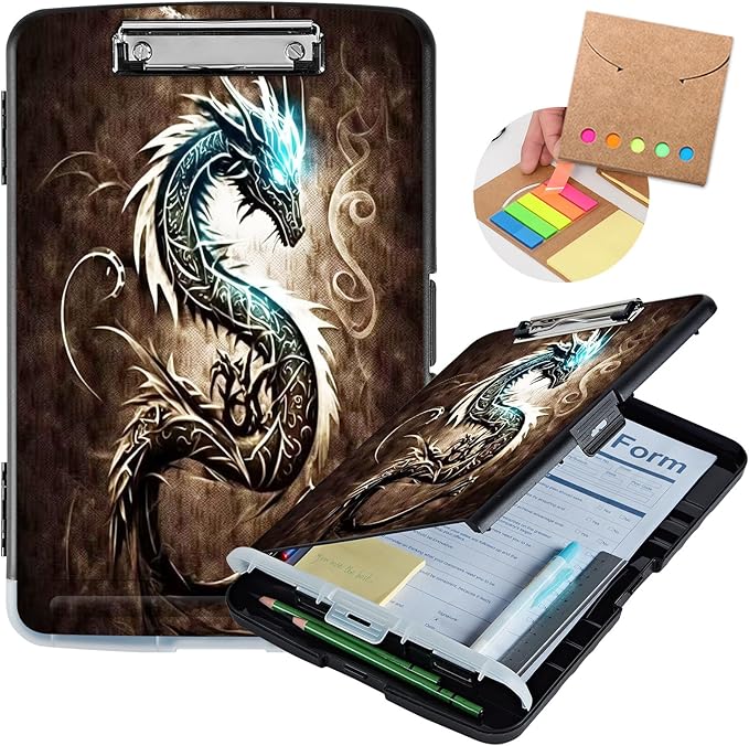 Clipboard with Storage,Heavy Duty Plastic Storage Clipboard with Low Profile Clip,Teacher Must Haves,Office Supplies,Dragon