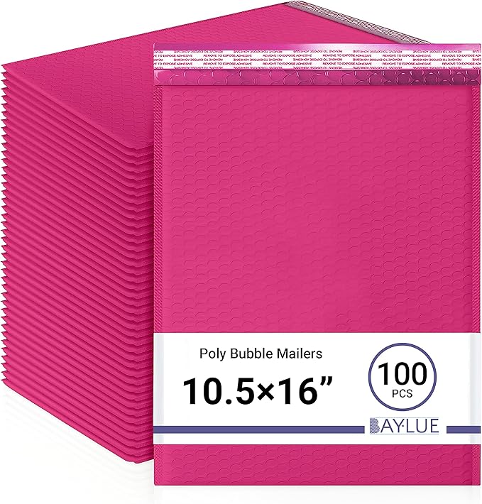 Hot Pink 10.5x16 Inch Poly Bubble Mailers #5 | Self Seal Large Padded Envelopes | Air Cushioned Bubble Mailer | Usable Size 10.5x15 Inch | Waterproof Lightweight Mailing Shipping Bags | 100 Pack Bulk