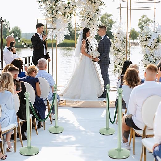 Ferraycle 4 Pcs Stainless Steel Stanchions Post Queue 38 Inch, 5 ft Velvet Rope Carpet Ropes and Pole, Control Barriers for Wedding Birthday Party Decoration Sand Injection Hollow Base Set (Green)
