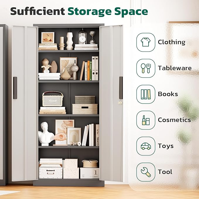 Greenvelly Metal Storage Cabinet, 63" H Locking Metal Storage Cabinet with Doors and 4 Shelves, Lockable Steel Cabinets for Kitchen, Bedroom, Living Room, Office (White Grey)