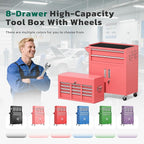 Greenvelly 8-Drawer Rolling Tool Chest, Metal Tool Chest with Wheels, Tool Cabinet with Detachable Top Tool Box, Metal Tool Cart with Liner & Hooks for Garage, Workshop, Warehouse (Pink)
