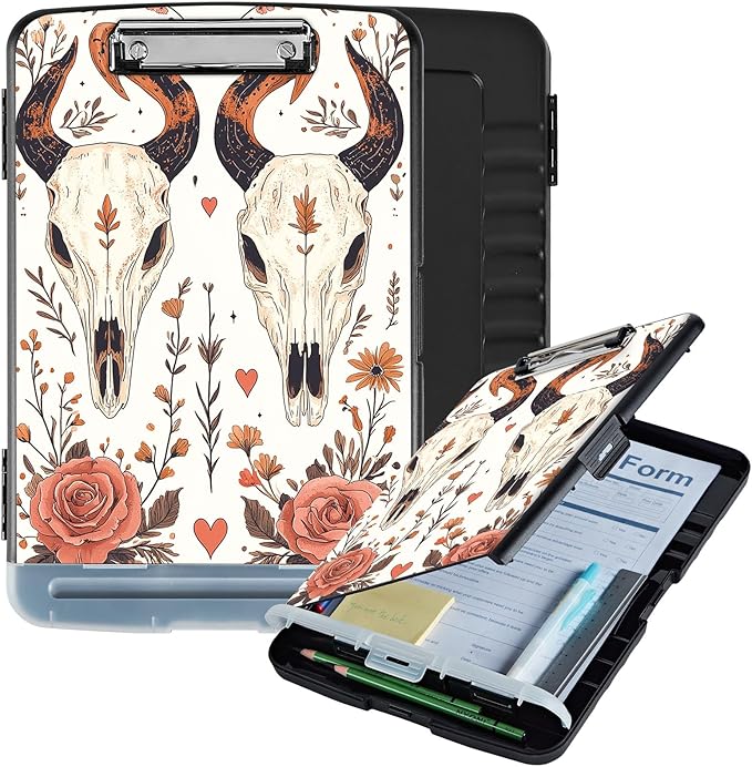Clipboard with Storage Box & Pen Holder,Heavy Duty Clip Boards 8.5x11 for Nursing,High Capacity,School & Office Supplies,Bull Skull Floral