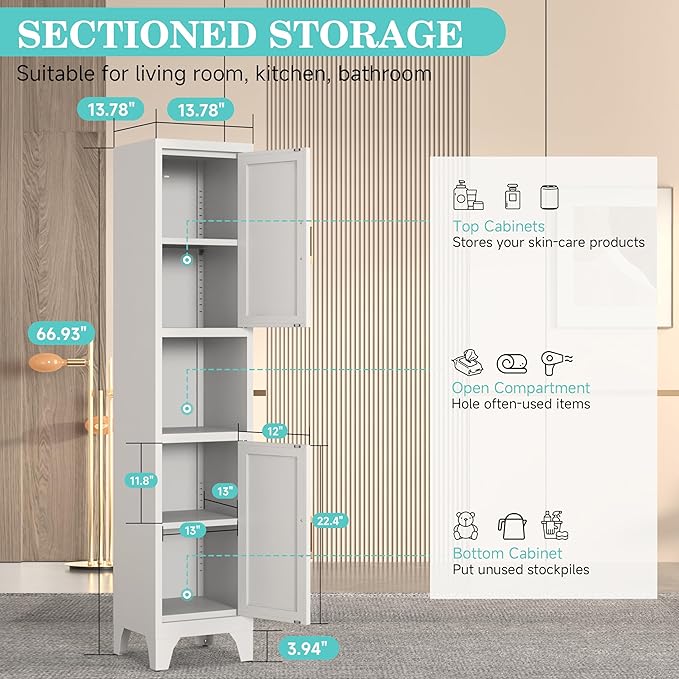 67" H Tall Bathroom Storage Cabinet with 2 Doors ＆Adjustable Shelves,Narrow Metal Cabinet with Open Countertop,Narrow Storage Unit for Small Space,Bathrooms,Entryway,Kitchen- Assembly Required(White)