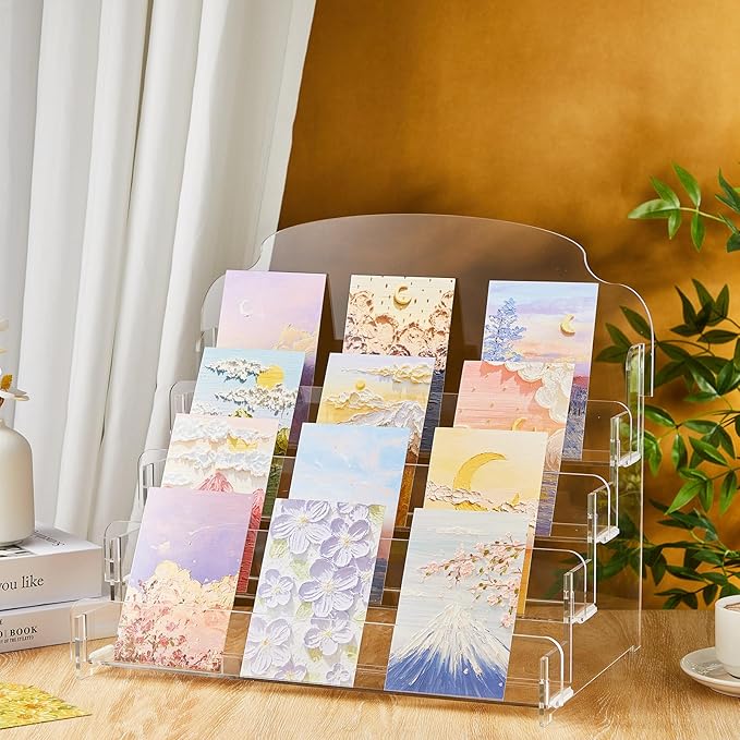 Menkxi Clear Acrylic Greeting Card Display Stand Portable Sticker Display Stand Card Display Rack Holder Postcard Organizer for Retail Counter Desk Stamp Mail Photo Storage(4 Tier,16''x10''x14'')