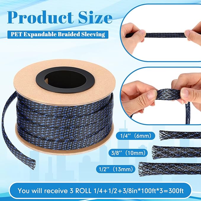 Pangda 300 Feet 1/4, 1/2, 3/8 Inches Wire Loom Pet Expandable Braided Sleeving Braided Sleeve for TV, Home Theater, Computer(Black Blue)