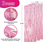 3 Pack 3.3x8.2 Feet Laser Pink Foil Fringe Backdrop Curtains, Tinsel Streamers Birthday Party Decorations, Fringe Backdrop for Graduation, Baby Shower, Gender Reveal, Disco Party