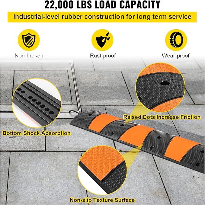 VEVOR Rubber Speed Bump, 1 Pack 2 Channel Speed Bump Hump, 72" Long Modular Speed Bump Rated 22000 LBS Loading, 72.8 x 12.2 x 2.2 Garage Speed Bump for Asphalt Concrete Gravel Driveway with 2 End Cap