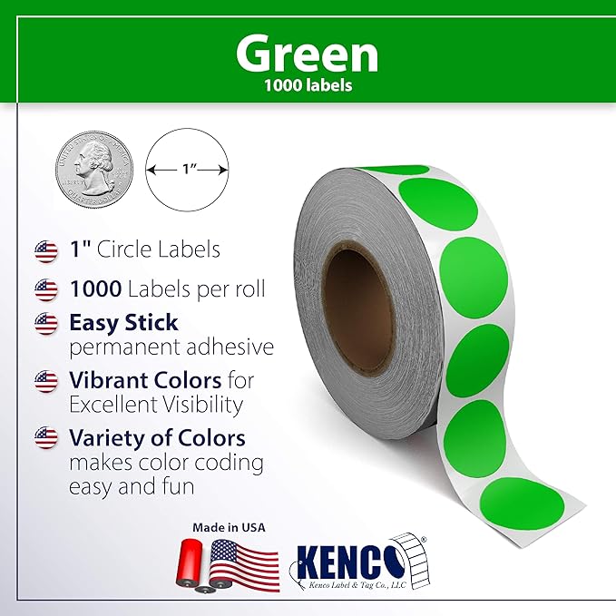 Kenco Color Coding Circle Dot Sticker Labels on a roll (Bright Green, 1 INCH 1000 Stickers)