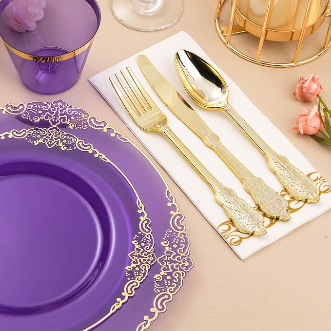 350PCS Clear Purple Plastic Plates for 50 Guests, Disposable Plates with Gold Trim include 50 Dinner Plates, 50 Dessert Plates, 150 Gold Silverware, 50 Cups, 50 Napkins for Party, Wedding