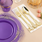 350PCS Clear Purple Plastic Plates for 50 Guests, Disposable Plates with Gold Trim include 50 Dinner Plates, 50 Dessert Plates, 150 Gold Silverware, 50 Cups, 50 Napkins for Party, Wedding