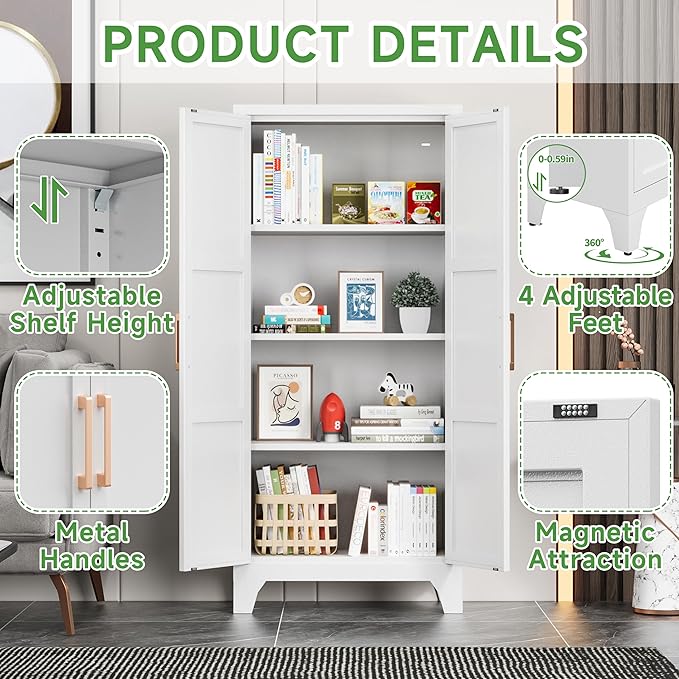 White Metal Kitchen Pantry Cabinet with Doors & Adjustable Shelves - Assembly Required