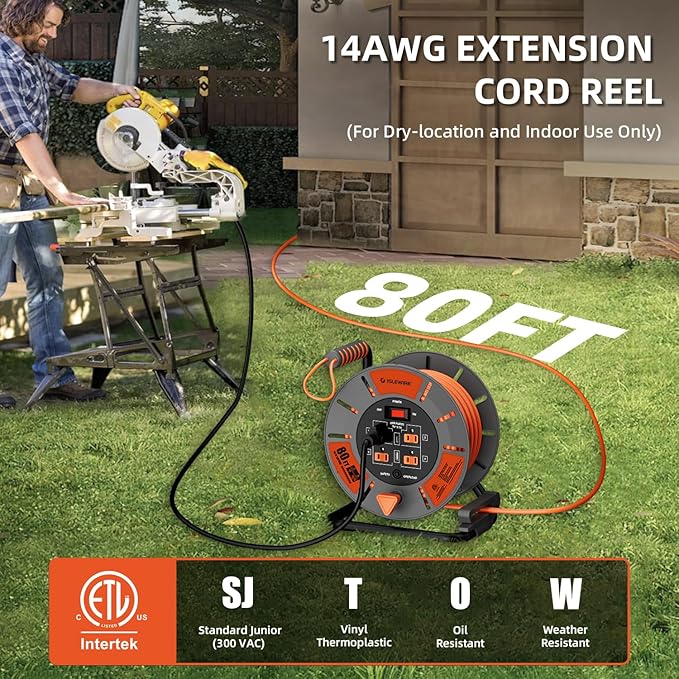 Retractable Extension Cord Reel 80 FT, 14AWG SJTOW Heavy Duty Power Cord with 4 Grounded Outlets, USB-A & USB-C Ports, 13A Circuit Breaker, Hand Crank for Indoor Outdoor Use, ETL Listed, Orange