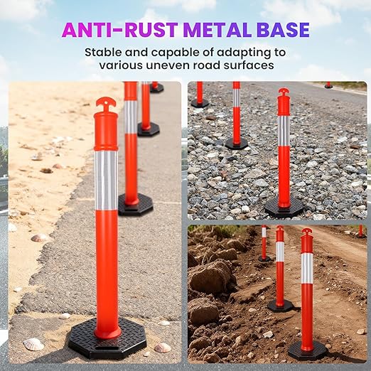 46” Traffic Delineator Post Cones with Stable Carbon Steel Base and Reflective Bands, Channelizer Post Kit, Delineator Post for Road Safety and Event Management (3 Pack)