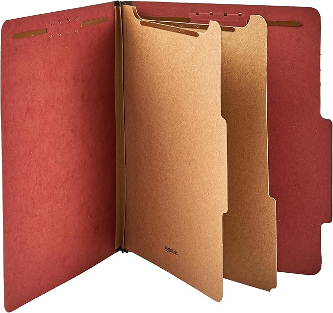 Amazon Basics Classification Folder with Prongs, Pressboard, 2 Dividers, 2-Inch Expansion, 12.17 x 10.67 inch (Letter) Size, Red, Pack of 10