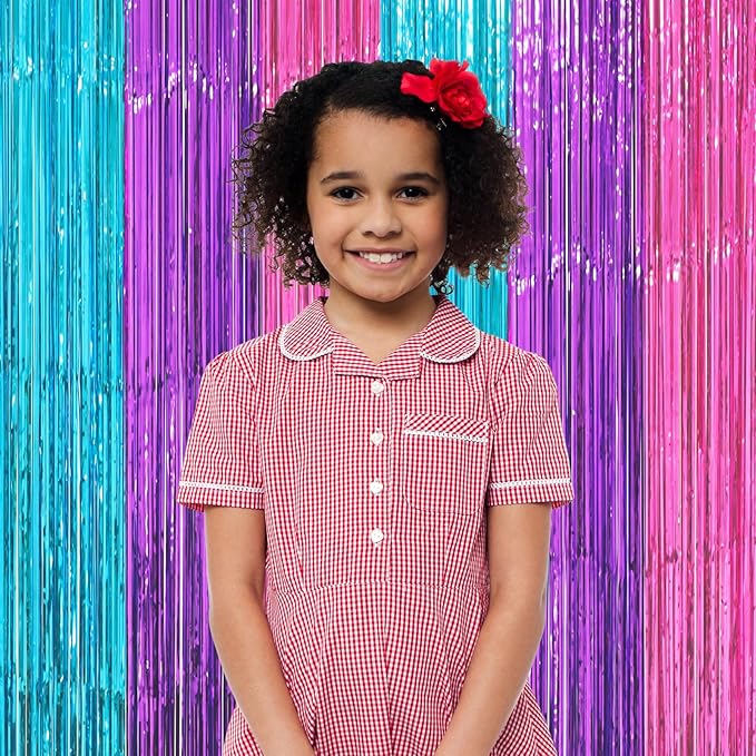 3 Pack 3.3 x 8.2 ft Blue Purple Pink Foil Fringe Backdrop Curtains, Tinsel Streamers Party Decorations, Fringe Backdrop, Door Shimmer for Mermaid or Birthday Party