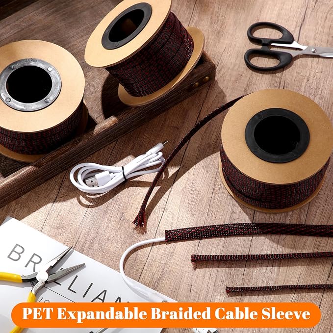 Pangda 300 Feet 1/4, 1/2, 3/8 Inches Wire Loom PET Expandable Braided Sleeving Braided Sleeve for TV, Computer, Home Theater (Black Red)