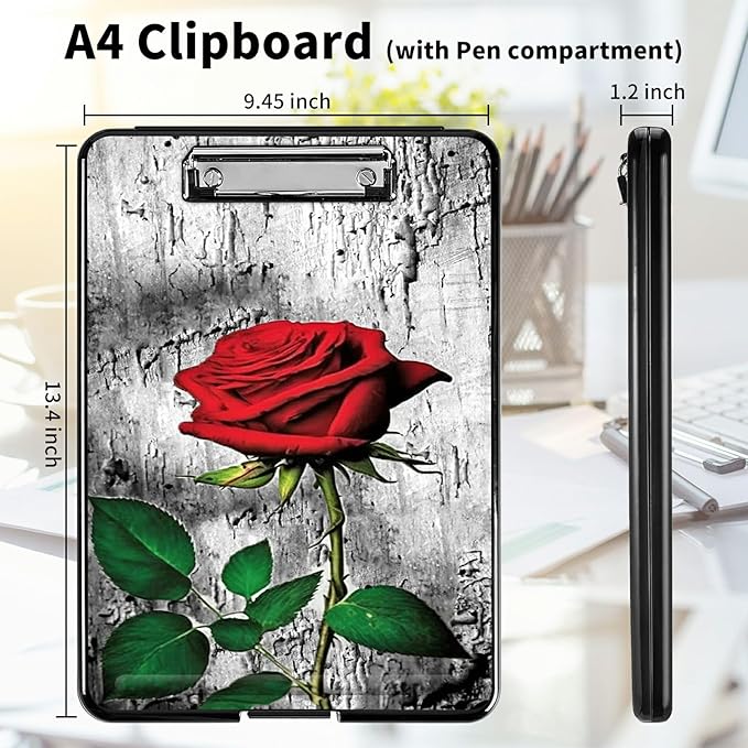 A4 Clipboards,Heavy Duty Waterproof Nursing Plastic Folder Clipboard with Storage Clip Boards,File Folder Storage Box Clipboard Case for Teacher,Doctor,Offices,Elegant Red Rose