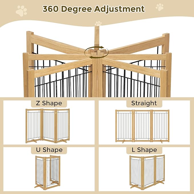 Wire Dog Gate Solid Wood Frame, Anti-Chewing, 3-Panel, 36" Height, 60" Width, Indoor Freestanding Pet Gate Foldable Wooden Dog Fences for Stairs, House, Doorway, Oak Color
