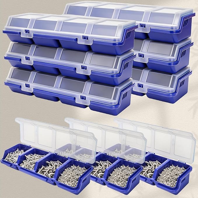 6 Pack Screw Organizer Box with Lid, 4 Compartments Small Parts Bins, Plastic Hardware Storage Containers, Nails Sorting Divider Toolbox Case for Garage Nuts Bolts Craft Organizing