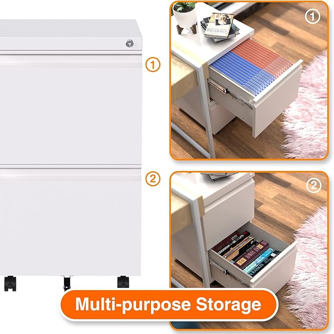 Aobabo 2 Drawer File Cabinet, Metal Filing Cabinet with Lock for Office Legal/Letter Size, White, Fully Assembled Except Wheels