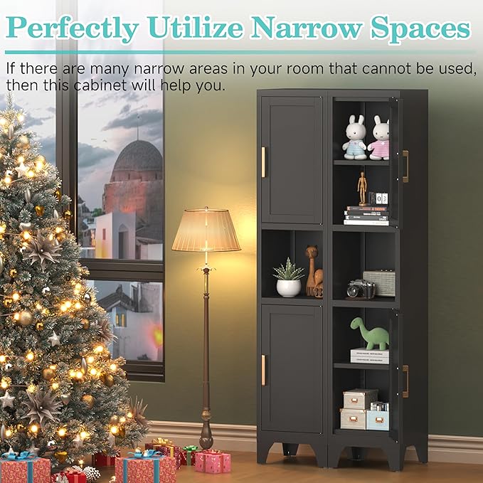 Tall Bathroom Storage Cabinet,Metal Slim Narrow Bathroom Organizer with Open Shelves and Adjustable Shelving,Ideal for Small Spaces,Living Rooms, Entryways, Kitchens - Assembly Required (Black)