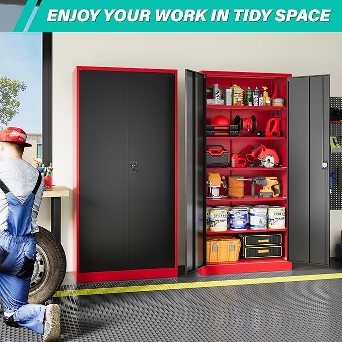 SISESOL Red Metal Storage Cabinet with Locking Doors and Shelves,Garage Storage Cabinet with Lock,Steel Locker,Lockable Cabinets for Home,Office,Shop,Garage Cabinets