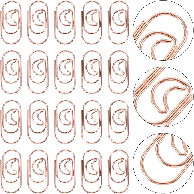 COHEALI 100Pcs Small Crescent Shaped Paper Clips Metal Decorative Clips Rose Gold Multi-Use Office Document Fasteners for Bills and School Supplies