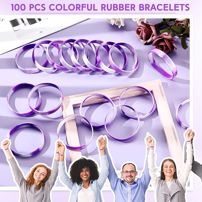 Liliful 100 Pcs Silicone Rubber Wristbands Rubber Wristband Bracelet Bands for Silicone Wristbands for Women Men(Purple and White)