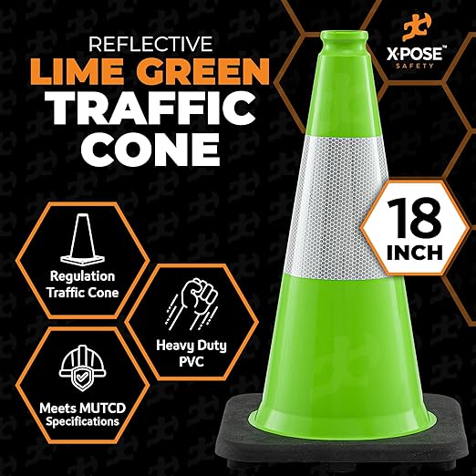 Xpose Safety 18” Lime Green Traffic Cone - 6" Reflective Collar – 1 Pack Premium PVC Safety Cone for Parking, Caution, Construction, Road Crews, Emergency Vehicle - DOT Approved