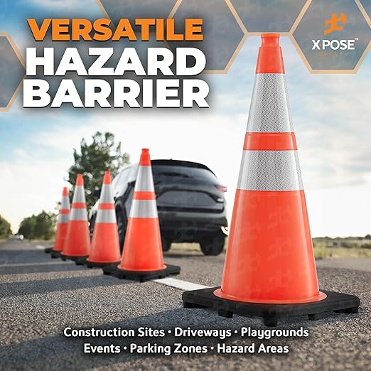Xpose Safety 28 Inch Orange Traffic Cones with 6" & 4" Collars, 6-Pack - Multipurpose PVC Plastic Safety Cone for Parking, Soccer, Caution, Kids and Construction - DOT Approved