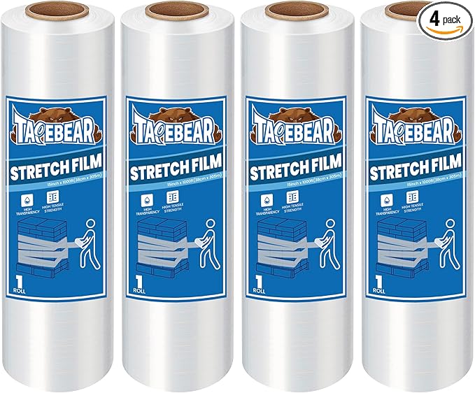 TAPEBEAR 4 Rolls Stretch Wrap Heavy Duty 15" x 1000 Ft, 80 Gauge Industrial Strength Shrink Wrap, High Performance Clear Plastic Wrap Self-Adhering for Furniture Moving, Luggage Packing, Pallet Wrap