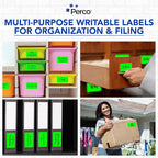 Perco Fluorescent Green 3x5 Inch Perforated Sticker Labels — 150 Stickers/Roll — with Permanent Adhesive for Inventory Management, Color Coding, Moving Boxes, Retail, Organizing & Crafts — Made in USA