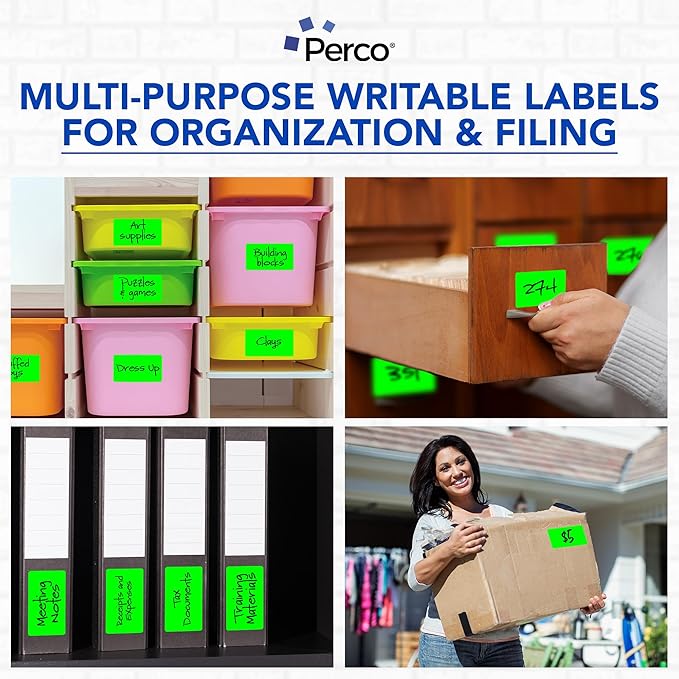 Perco Fluorescent Green 3x5 Inch Perforated Sticker Labels — 150 Stickers/Roll — with Permanent Adhesive for Inventory Management, Color Coding, Moving Boxes, Retail, Organizing & Crafts — Made in USA