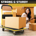 Heavy Duty Foldable Push Cart Dolly | 330 lbs. Capacity | Upgraded Collapsible Hand Truck Folding Platform with Swivel Wheels | Flat Bed Moving Wagon | Space Saving Push Handle (Yellow)
