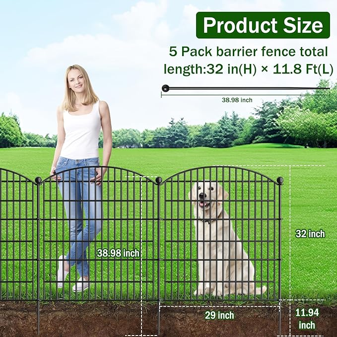 Decorative Garden Fence with Gate, 5 Panels - 32 in (H) x 11.8 ft (L) No Dig Dog Fence Outdoor for Yard, Rustproof Tall Garden Fencecing Panels, Animal Barrier Suitable for Yard Border, Patio