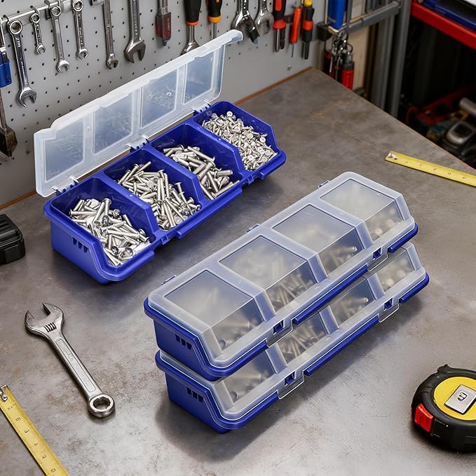 6 Pack Screw Organizer Box with Lid, 4 Compartments Small Parts Bins, Plastic Hardware Storage Containers, Nails Sorting Divider Toolbox Case for Garage Nuts Bolts Craft Organizing