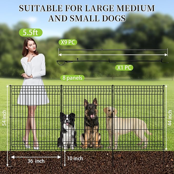 No Dig Fence Outdoor Dog Fences,Total 44" H x 288" W Decorative Metal Garden Fence with Gate,Garden Fence Animal Barrier,Garden Fencing for Yard Rustproof