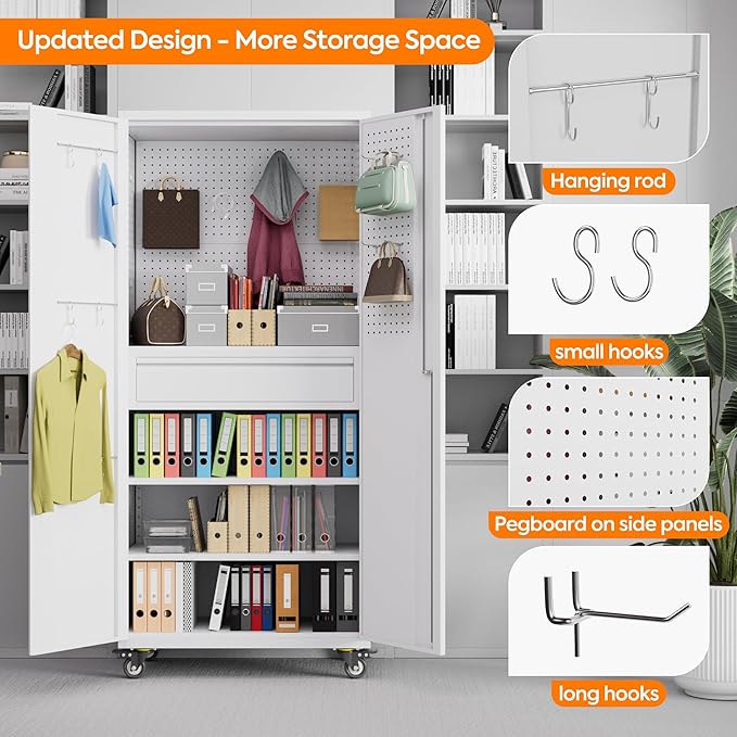 Metal Storage Cabinet with Drawers, Locking Garage Tool Cabinets on Wheels with Pegboards and Hooks for Warehouse Homes, Offices, Assembly Required