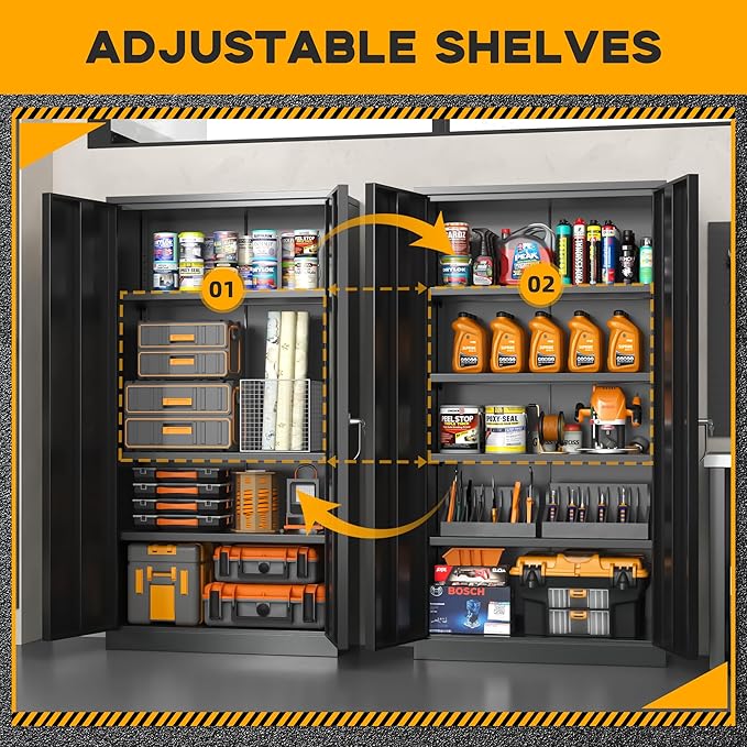 Greenvelly 72" H Metal Storage Cabinet, 32" W x 16" D Black Metal Cabinet with 2 Doors and 4 Adjustable Shelves, Locking Cabinets for Office, Home, Garage, School